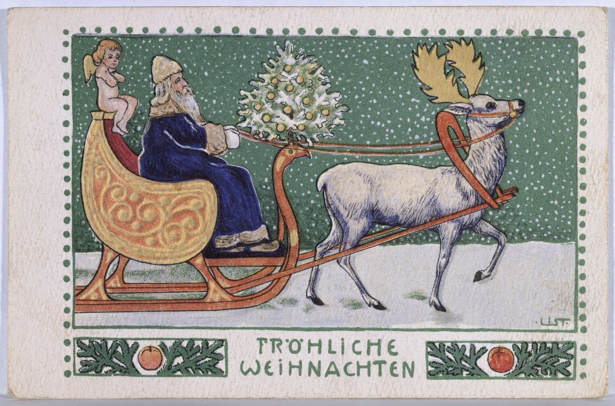 Postkort forestillende julemanden på sin slæde, ca. 1910 af Wilhelm List