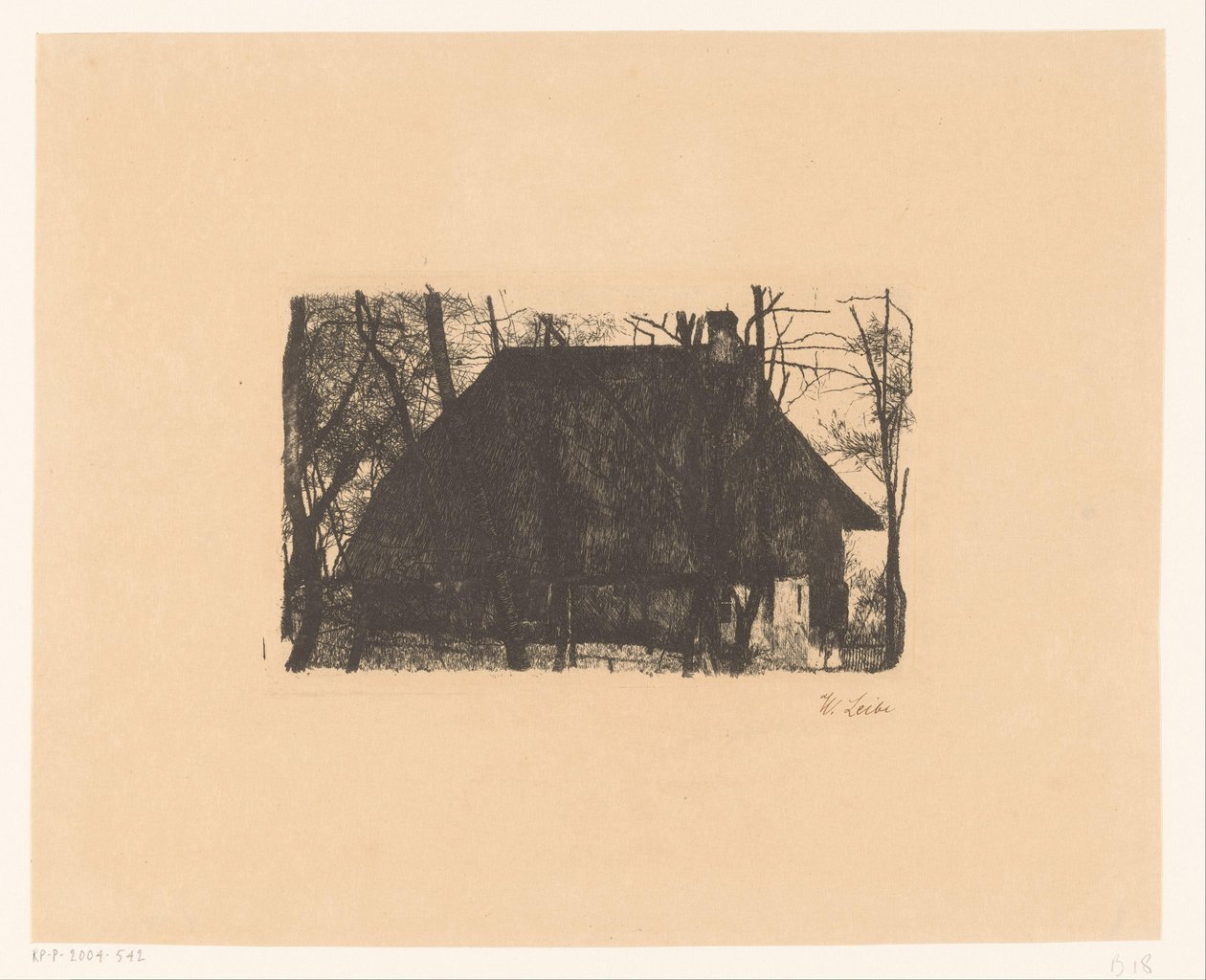 Gård mellem nøgne træer af Wilhelm Maria Hubertus Leibl (signed by artist)