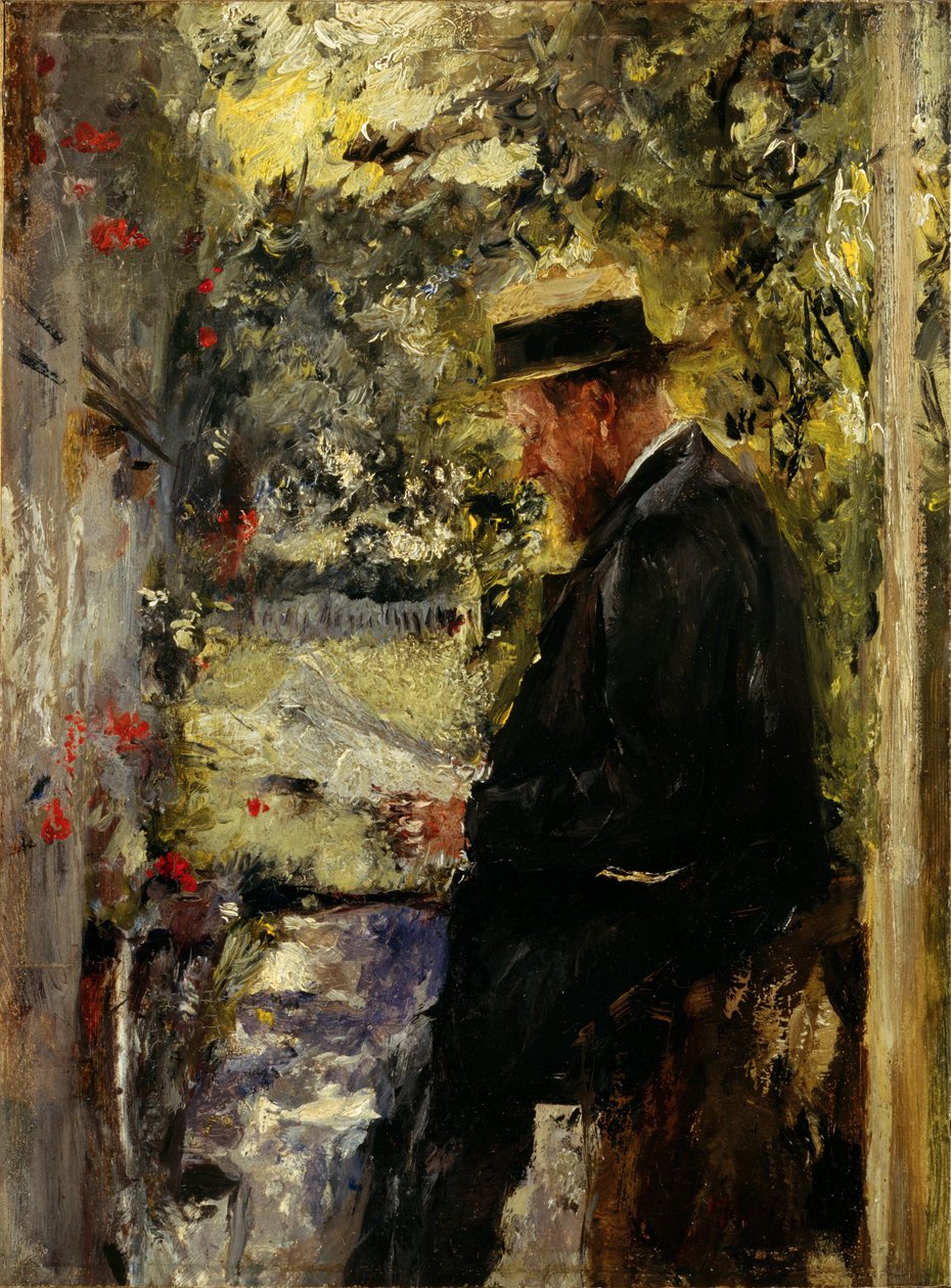 Dyrlæge Reindl i haven, ca. 1890 (olie på mahognitræ) af Wilhelm Maria Hubertus Leibl