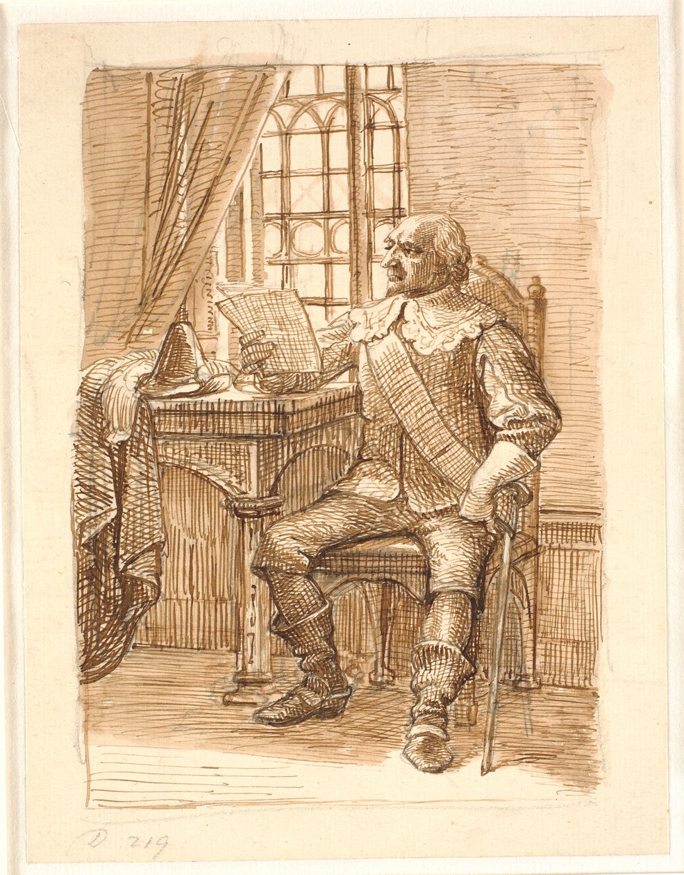 Adelsmand fra Chr. 4.s tid sidder og læser et brev af Wilhelm Marstrand