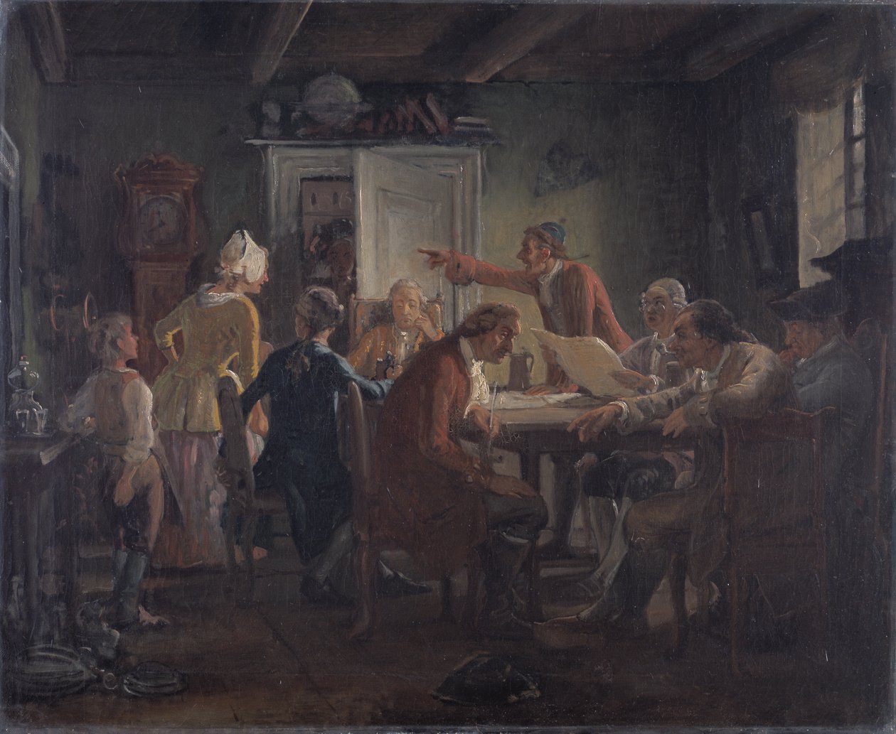Collegium Politicum. Fra Ludvig Holbergs The Political Tinker, Akt I, Scene 2. af Wilhelm Marstrand