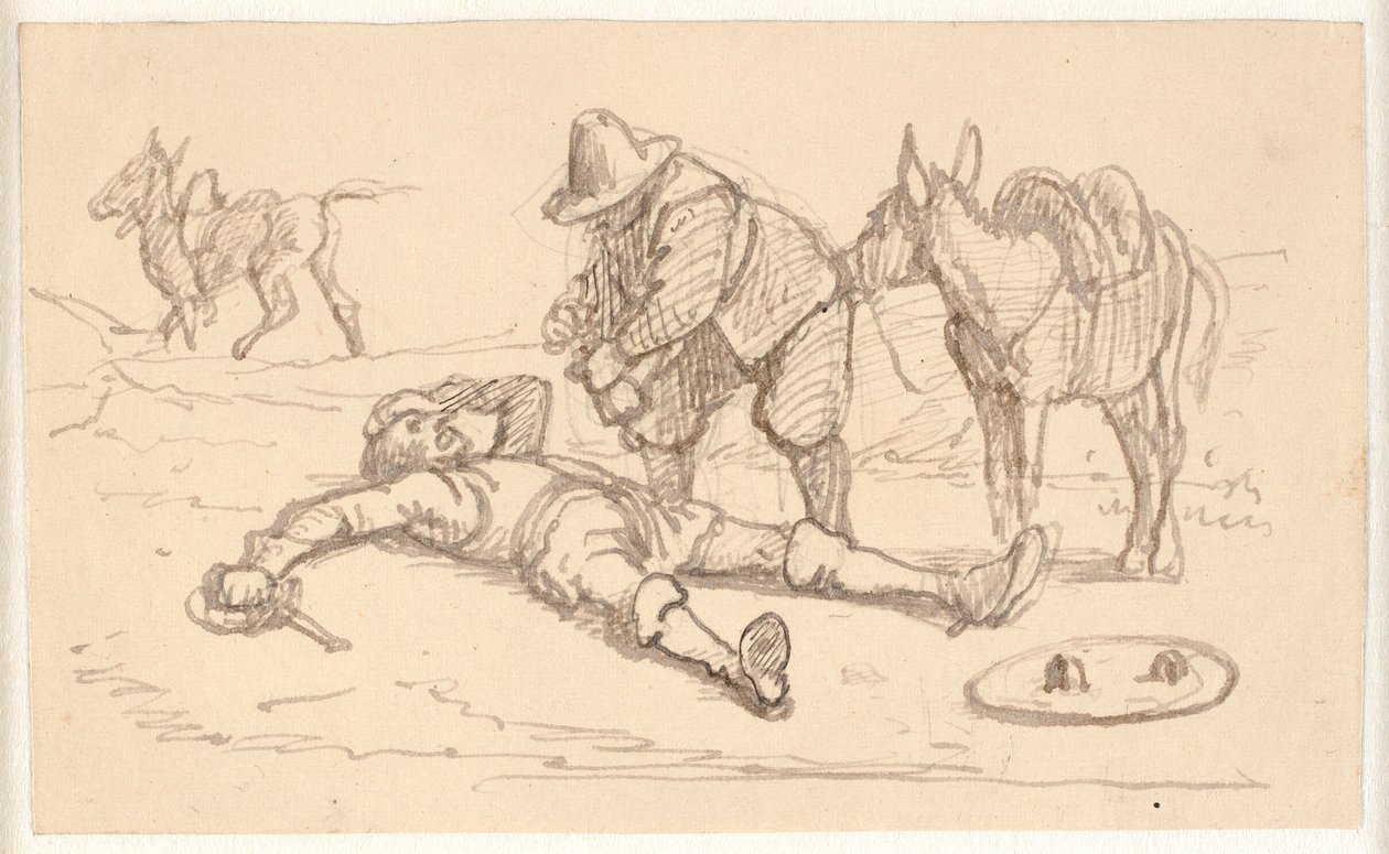 Don Quixote ligger såret og hjælpes af Sancho af Wilhelm Marstrand