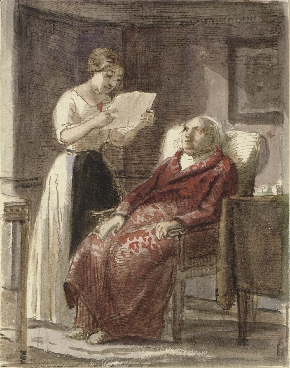En ung pige læser et brev højt for en gammel mand i rød slåbrok af Wilhelm Marstrand