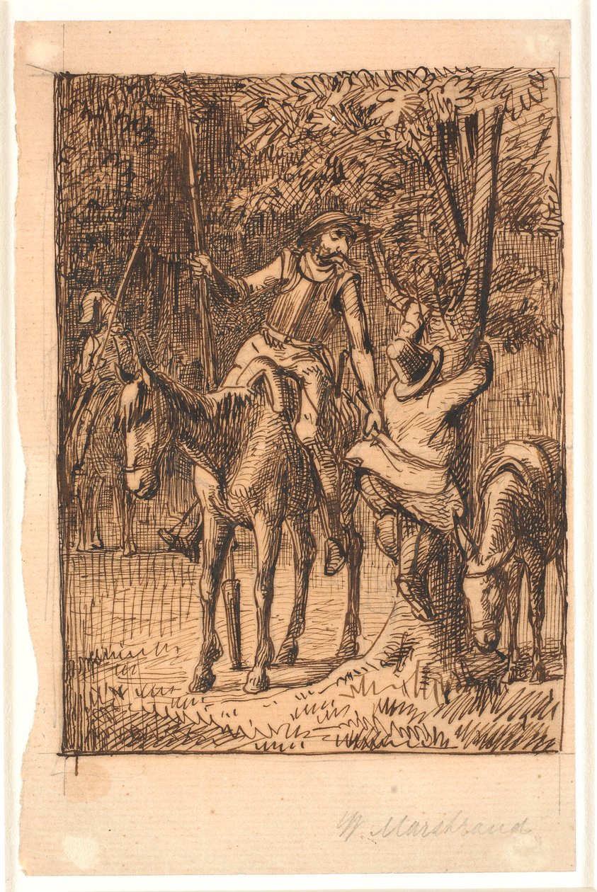 Før kampen med spejlridderen hjælper Don Quixote Sancho Pansa op i et træ af Wilhelm Marstrand