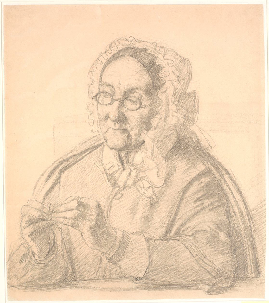 Gammel dame der træder en synål af Wilhelm Marstrand