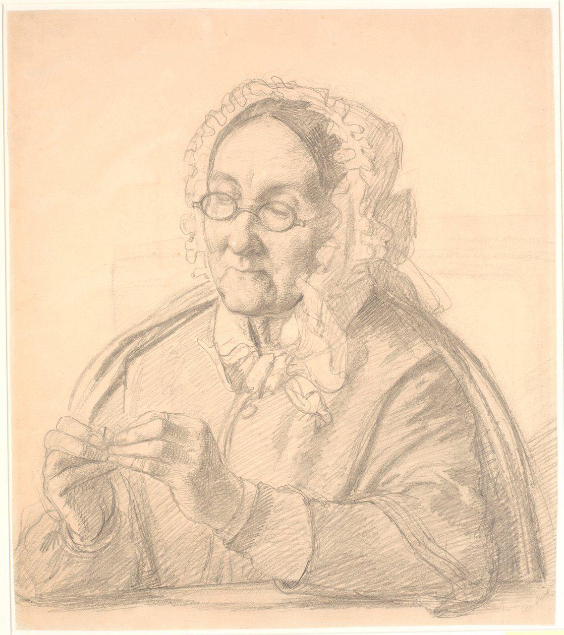 Gammel dame der træder en synål af Wilhelm Marstrand