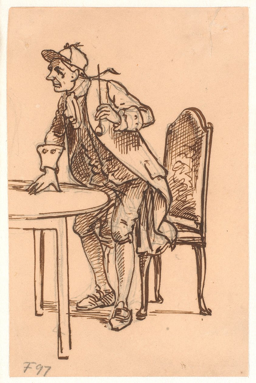 Mand med kasket og pibe rejser sig (diskuterende?) ved et bord af Wilhelm Marstrand