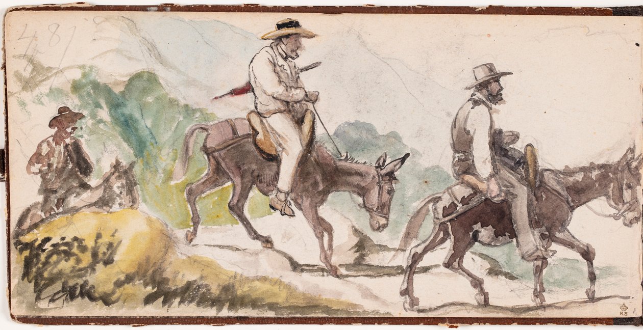 P.C. Skovgaard og A. Kittendorff, ridende på æsler i et bjerglandskab af Wilhelm Marstrand
