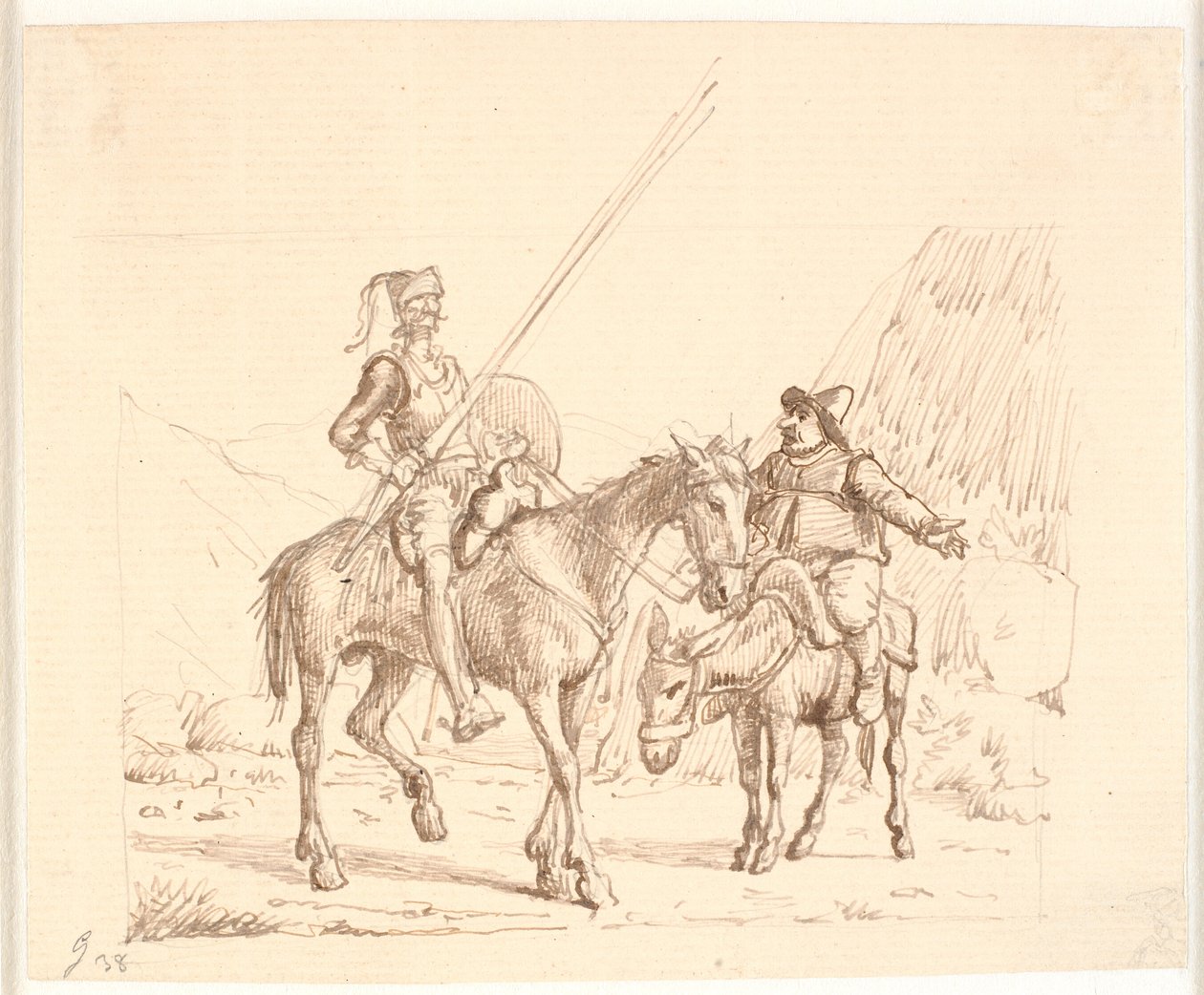 Sancho på æslet forklarer Don Quixote noget af Wilhelm Marstrand