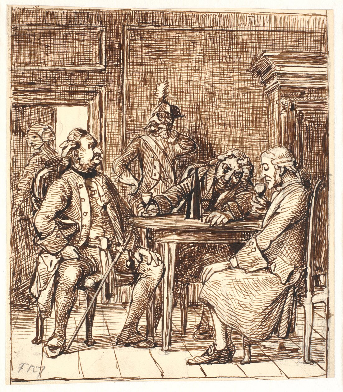 Scene af Barselsstuen. Corfitz drikker rhinskvin med officeren og Jens Olsen af Wilhelm Marstrand
