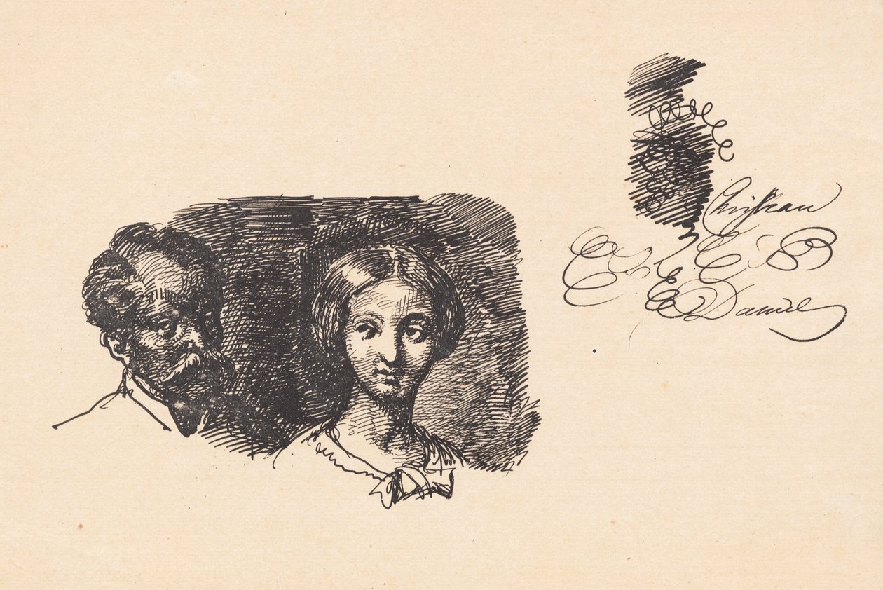 Studieblad med to hoveder og en skriftprøve af Wilhelm Marstrand