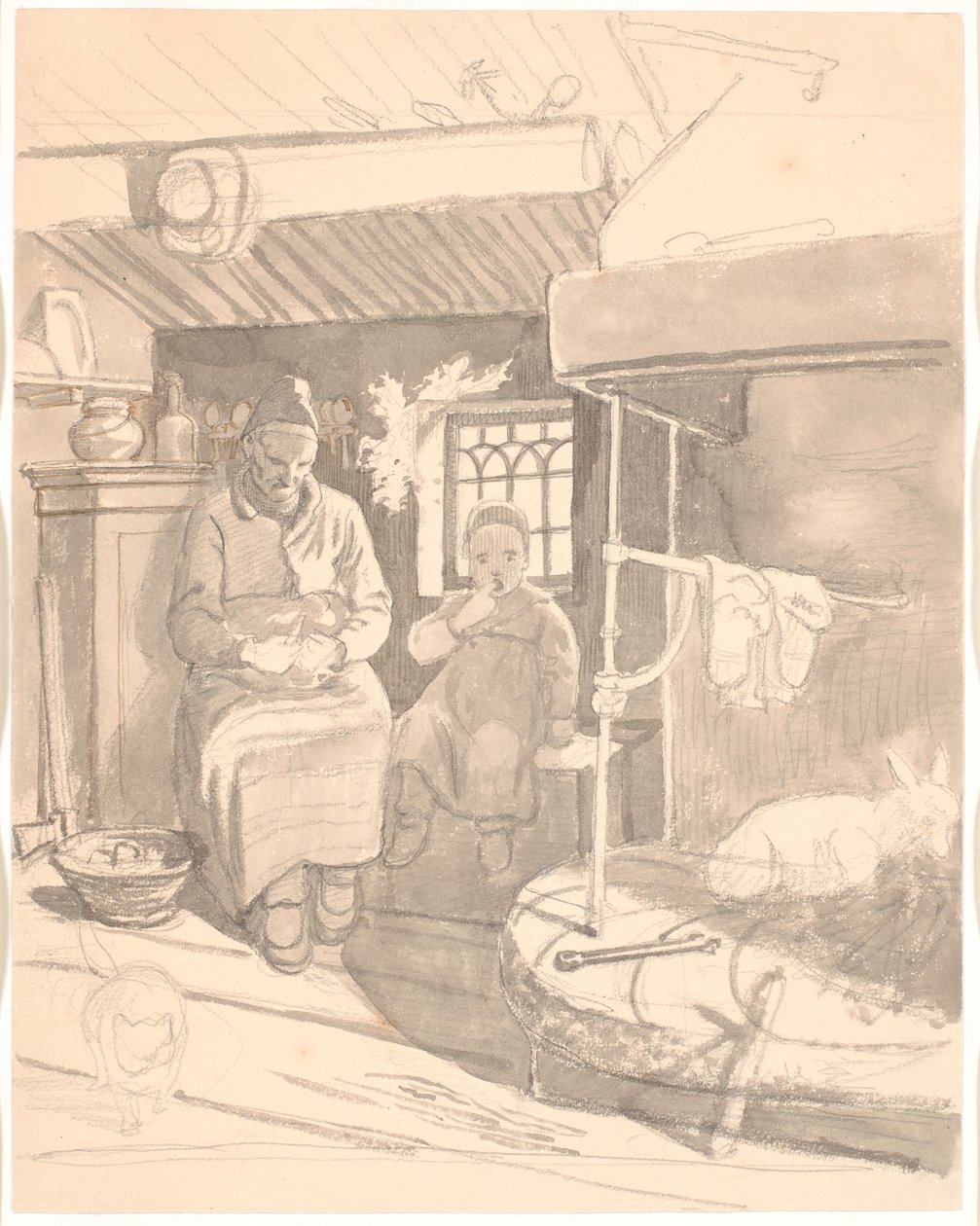 Svensk stuehus med gammel kone og børn af Wilhelm Marstrand