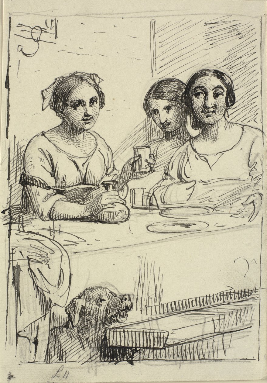 Tre piger ved et bord, under bordet en hund af Wilhelm Marstrand