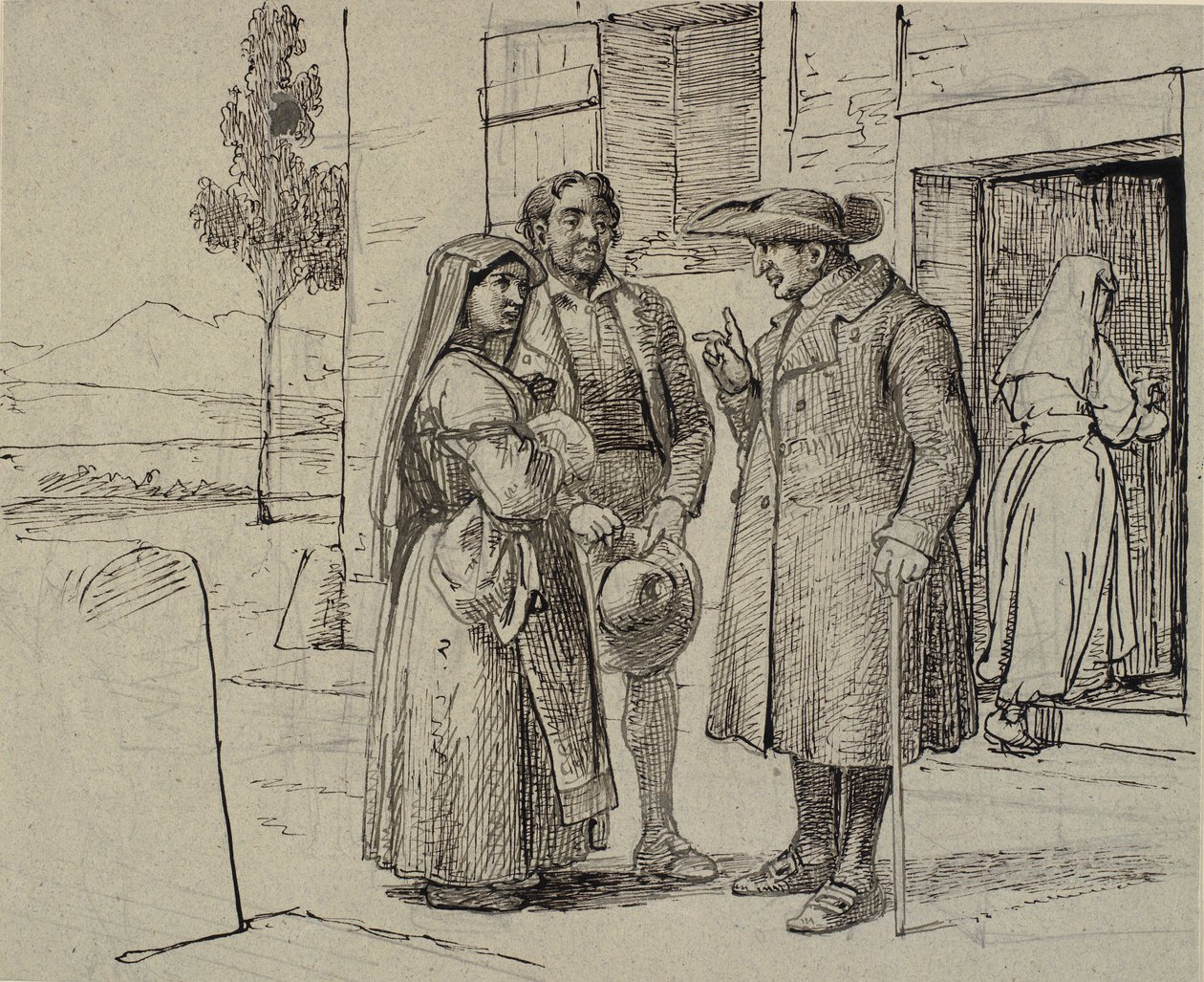 Uden for et hus formaner en præst et ungt ægtepar af Wilhelm Marstrand