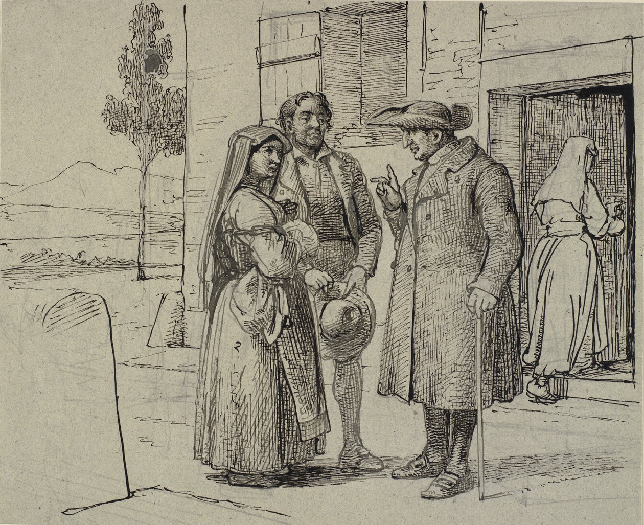 Uden for et hus formaner en præst et ungt ægtepar af Wilhelm Marstrand