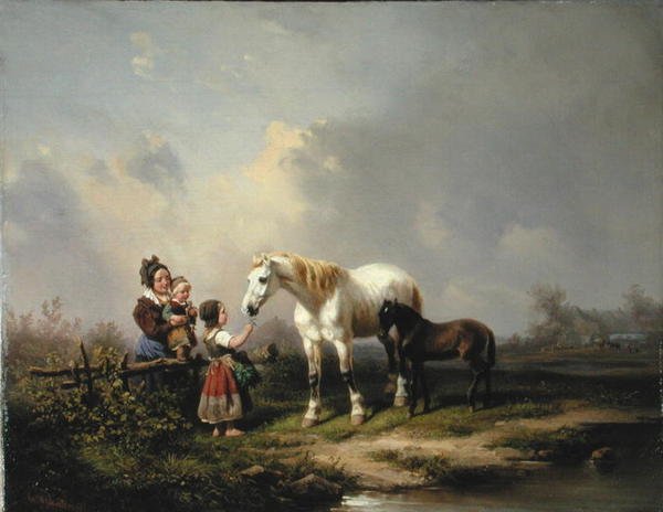 Fodring af hoppen og føllet (olie på lærred) af Wilhelm Meyerheim