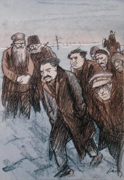 Karikatur af Leon Trotsky (1879-1940) i Sibirien, fra magasinet Simplicissimus, januar 1928 (farve litho) af Wilhelm Schulz