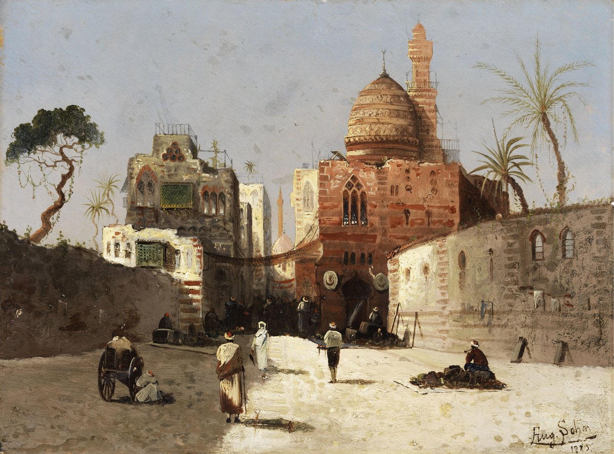 Dansk: Orientalsk gadebillede med moské, minaret og handlende på en forplads. af Wilhelm Sohn