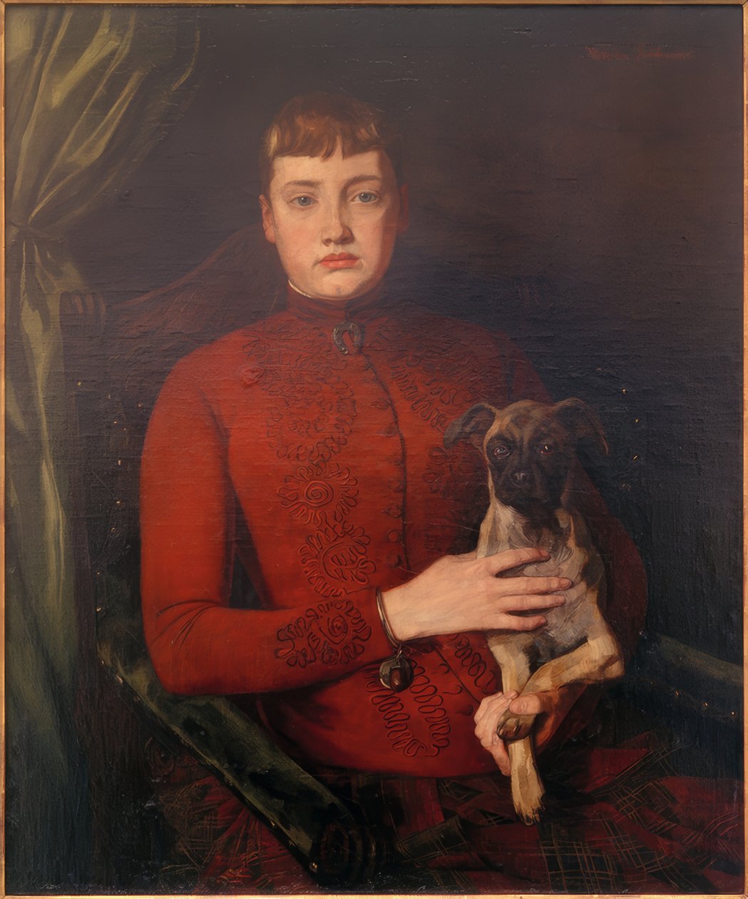 Dame med hundehvalp af Wilhelm Trübner