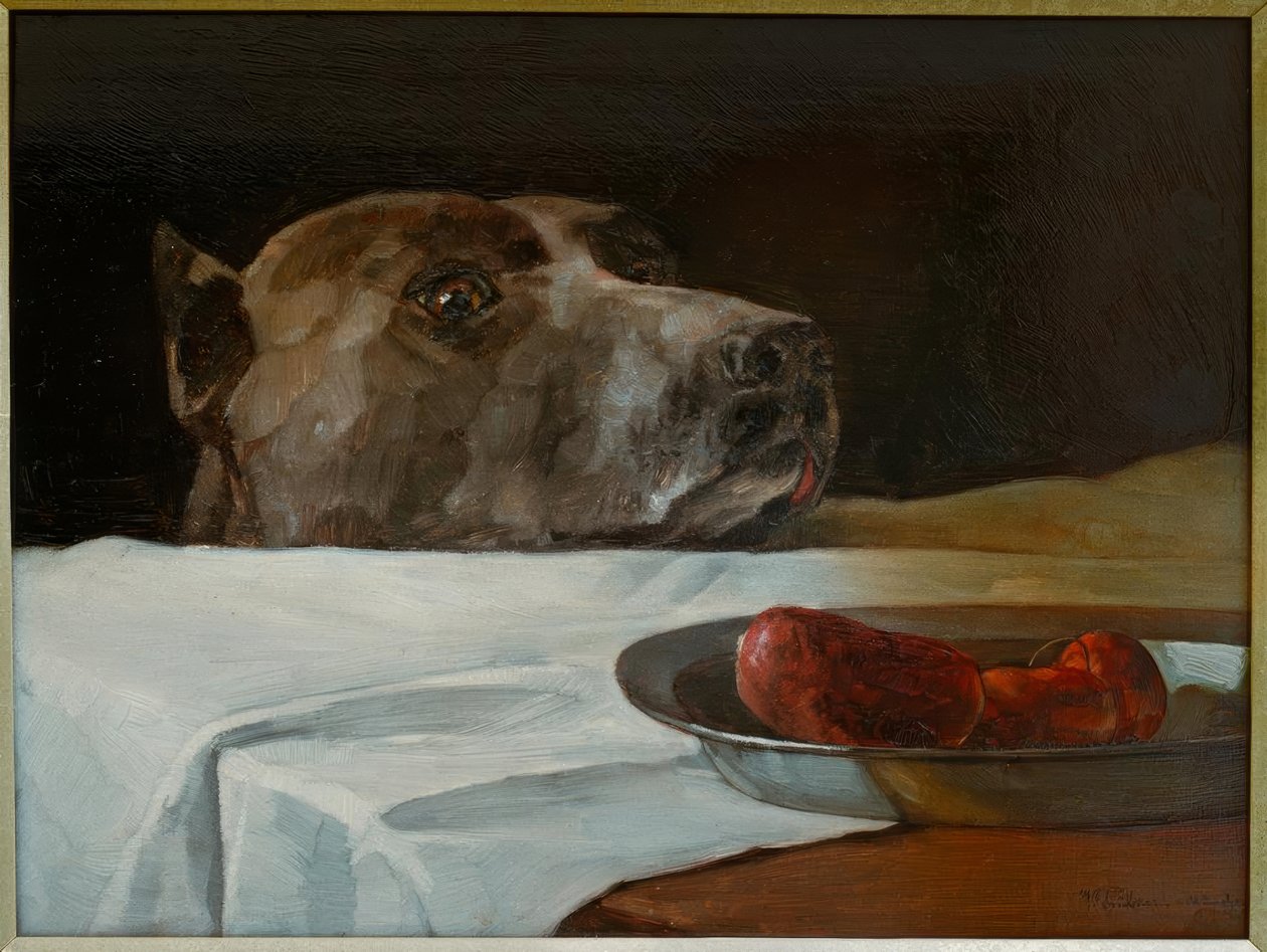 Stor dansker med pølse skål af Wilhelm Trübner
