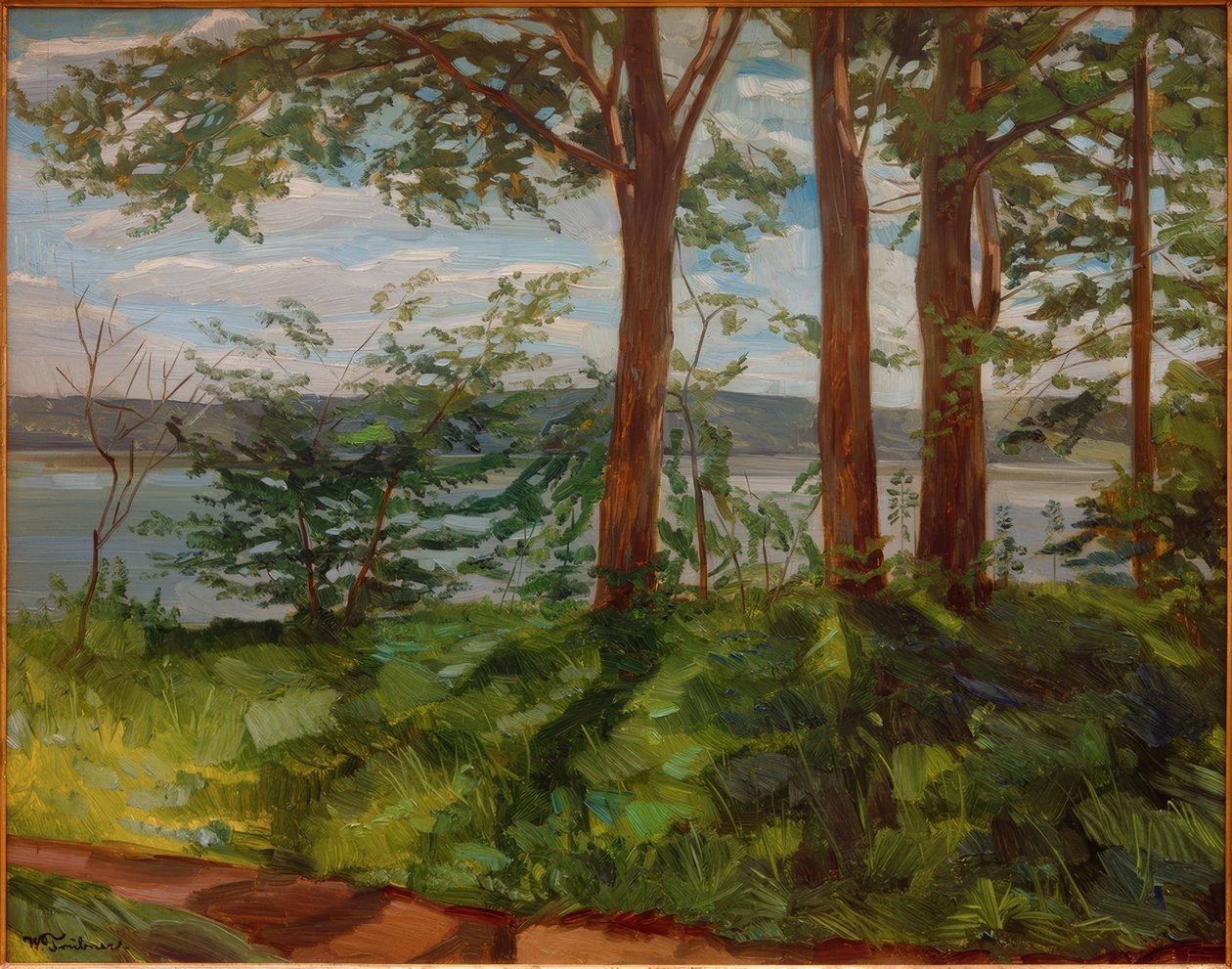 Landskab ved Starnbergsøen med tre træer af Wilhelm Trübner