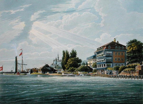 Bellevue Hotel og Pension ved Lac de Thoune, graveret af Bodmer (farve litho) af Wilhelm Ulrich Oppermann