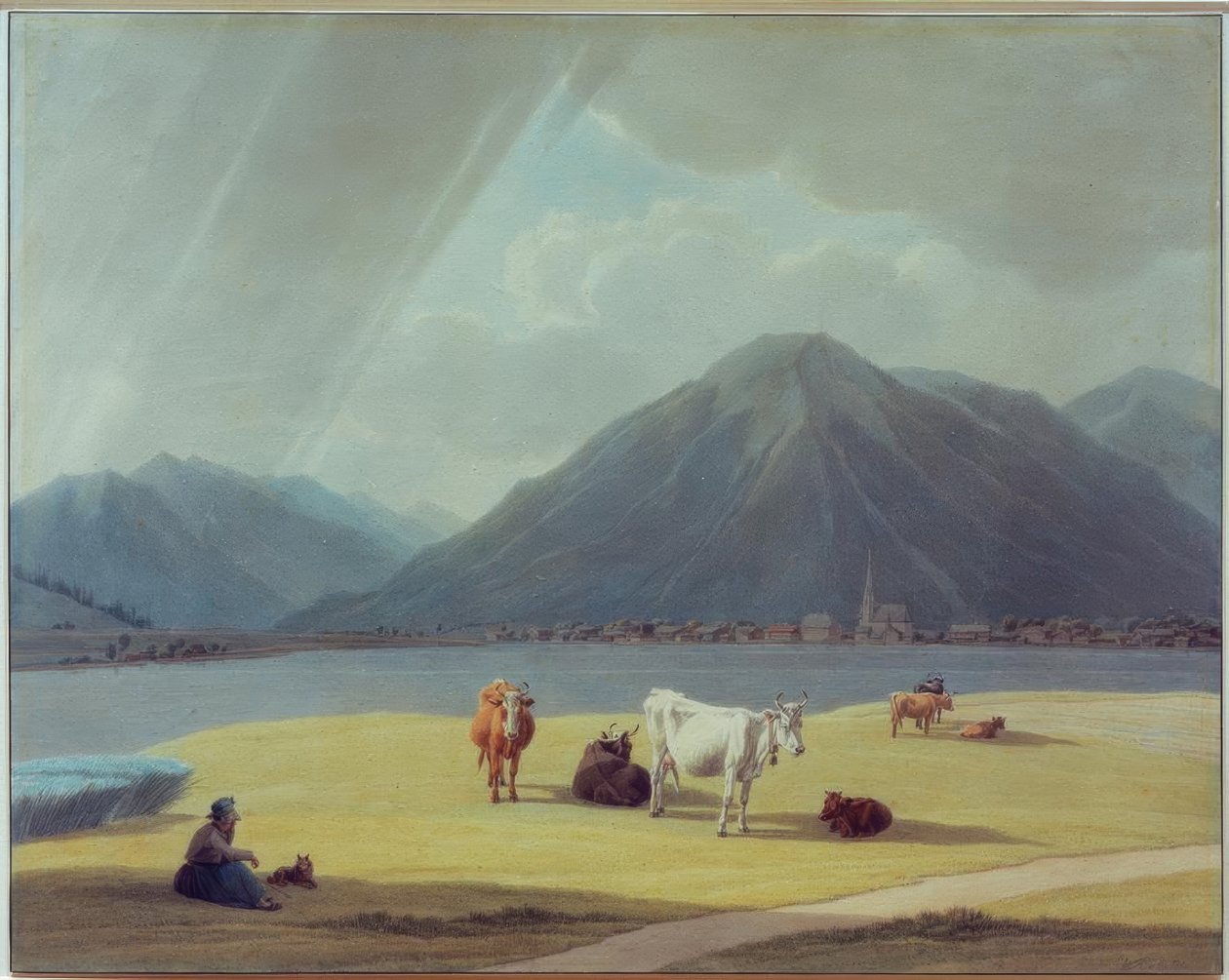 Bondekone med kreaturer foran Rottach-Egern af Wilhelm von Kobell