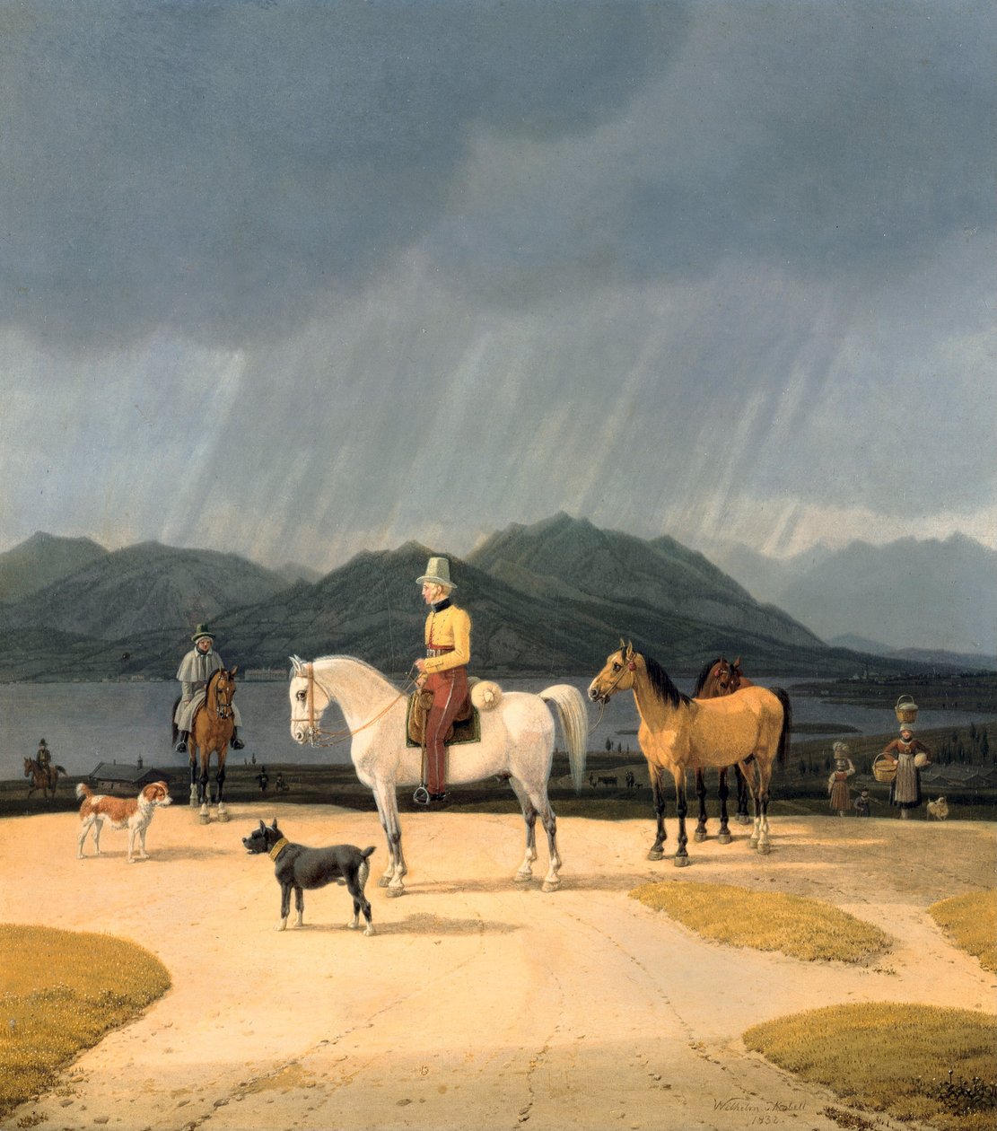 Tysk:  Reiter am Tegernsee Ryttere ved Tegernsee af Wilhelm von Kobell