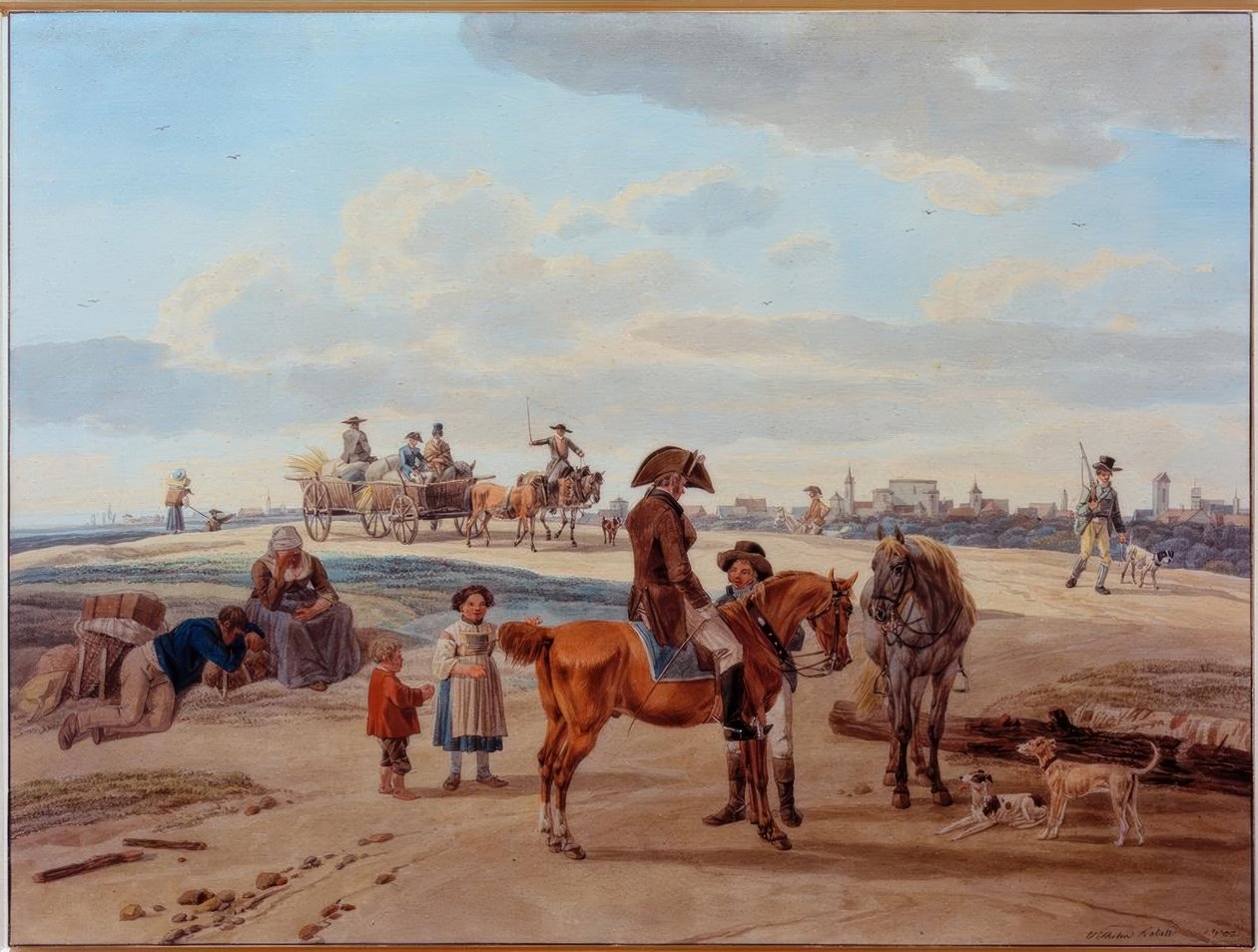 Ryttere, bønder og vogne foran en by af Wilhelm von Kobell
