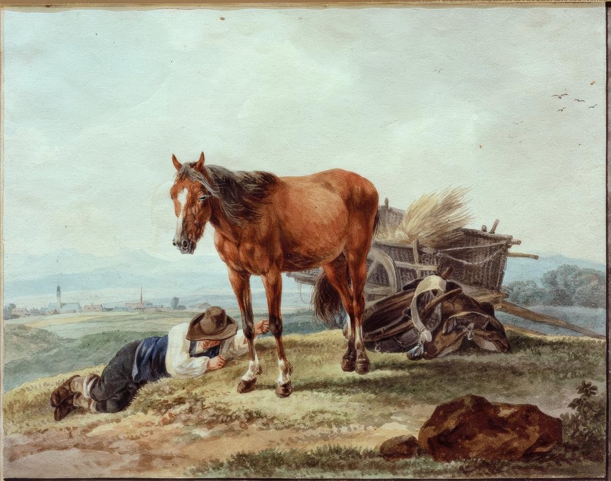 Sovende gårddreng med hest af Wilhelm von Kobell