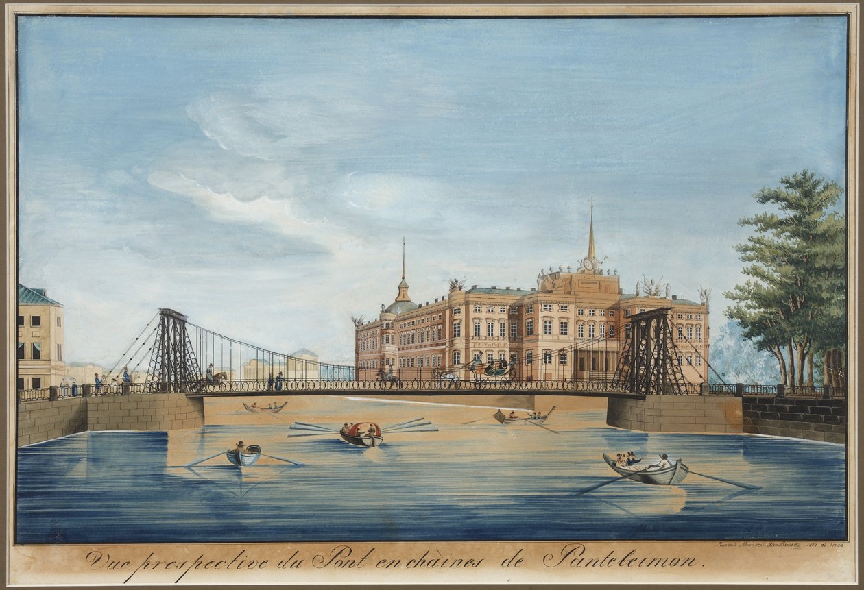 Udsigt over Chain Panteleimonovsky-broen og Mikhailovsky-slottet (chateau saint Michel ou chateau des ingenieurs) over Fontanka i Sankt Petersborg - Wilhelm von Traitteur (1788-1859). Pen, pensel, akvarel, blæk og hvid farve på papir af Wilhelm von Traitteur