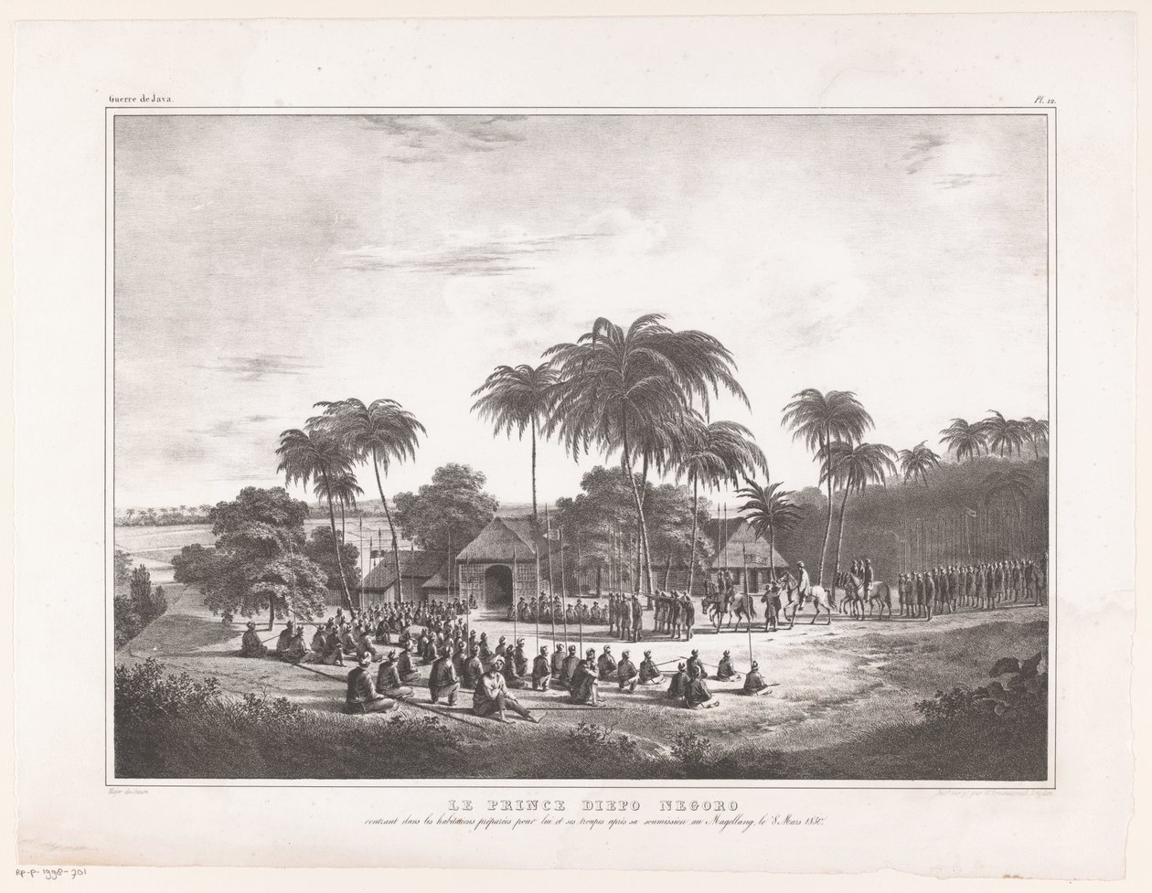 Aankomst af Prins Diepo Black i MagelangLe Prince Diepo Black (titel på objekt) Atlas Memoirs on the War of the Island of Java 1825 to 1830 (serietitel) af Wilhelmus van Groenewoud