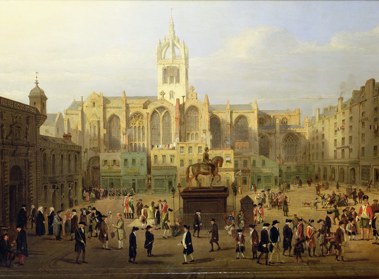 The Parliament Close and Public Figures of Edinburgh, omkring slutningen af det 18. århundrede af Wilkie, Nasmyth and Stanfield Roberts