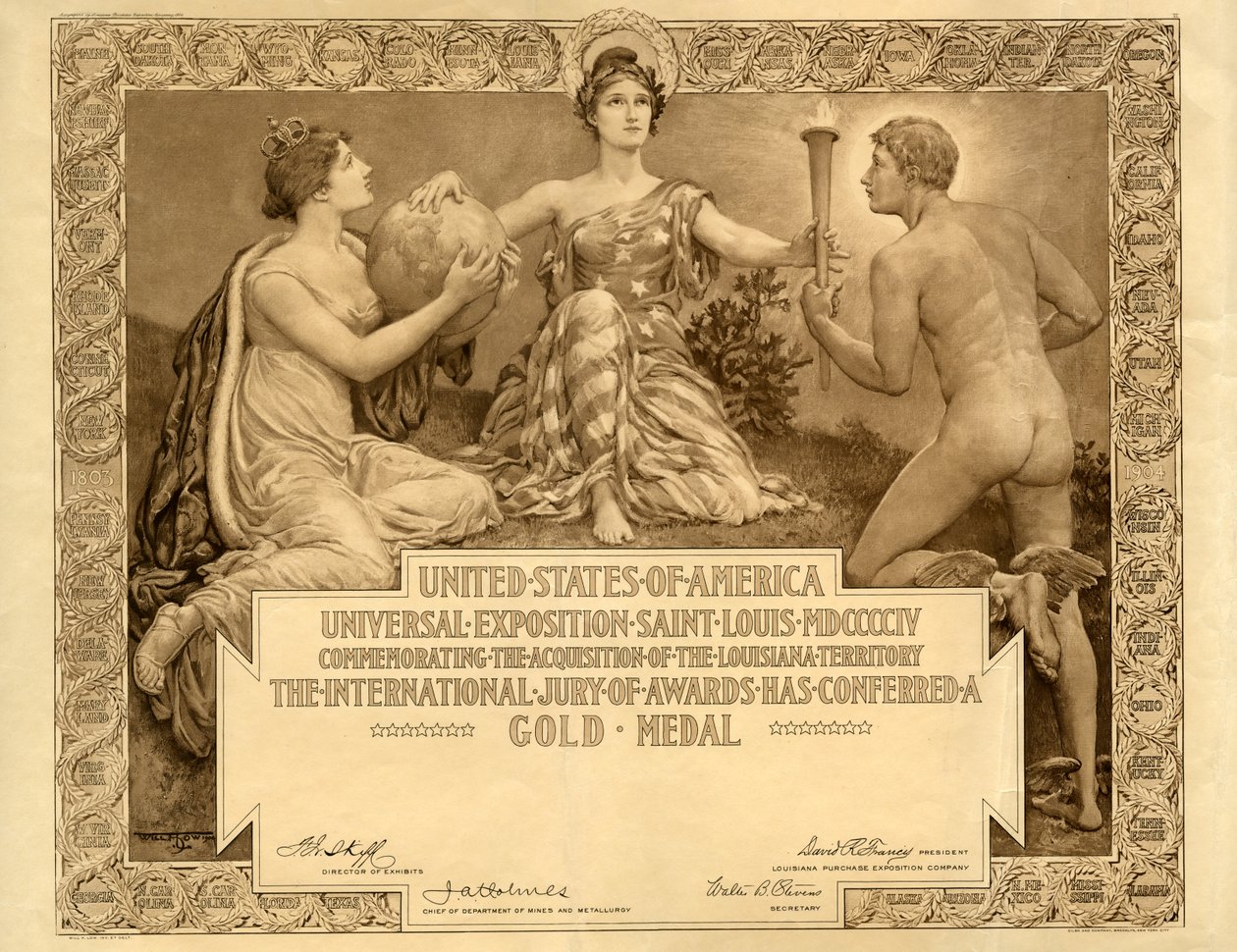 Louisiana Purchase Exposition blankt guldmedaljecertifikat, 1904 af Will H. Low