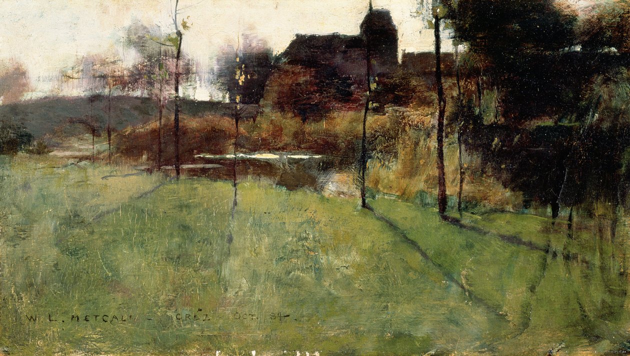 Eftermiddag ved floden ved Grez, 1884 (olie uden panel) af Willard Leroy Metcalf
