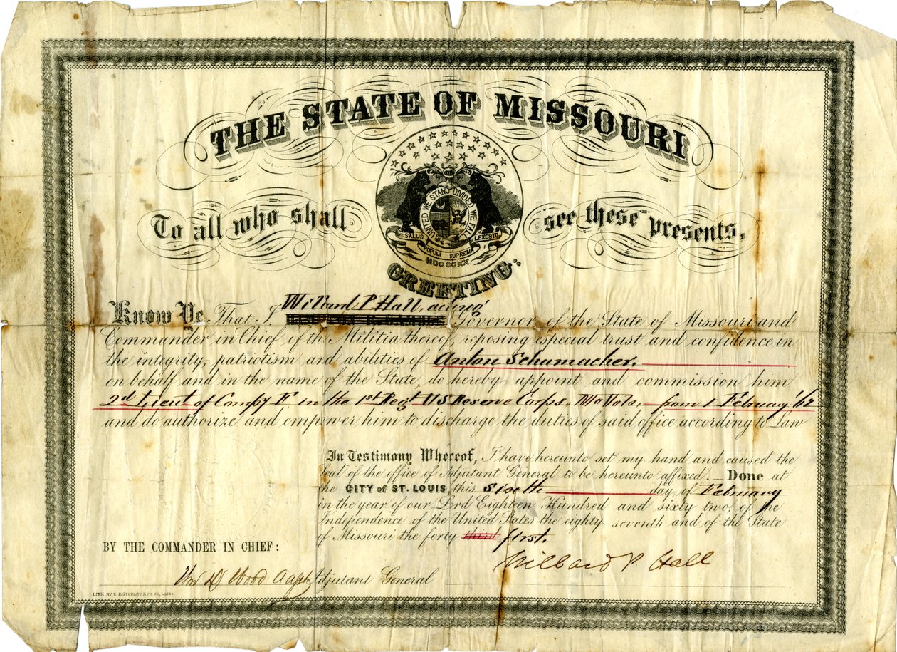 Militær kommission af Anton Schumacher som 2. løjtnant af kompagni F i 1. regiment U.S.R.C., Missouri Volunteers, 6. februar 1862 af Willard P. Hall