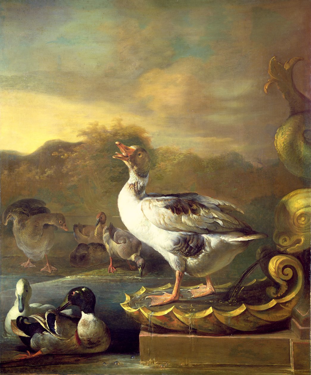 En gås og andre vilde fugle ved et springvand af Willem Frederik van Royen