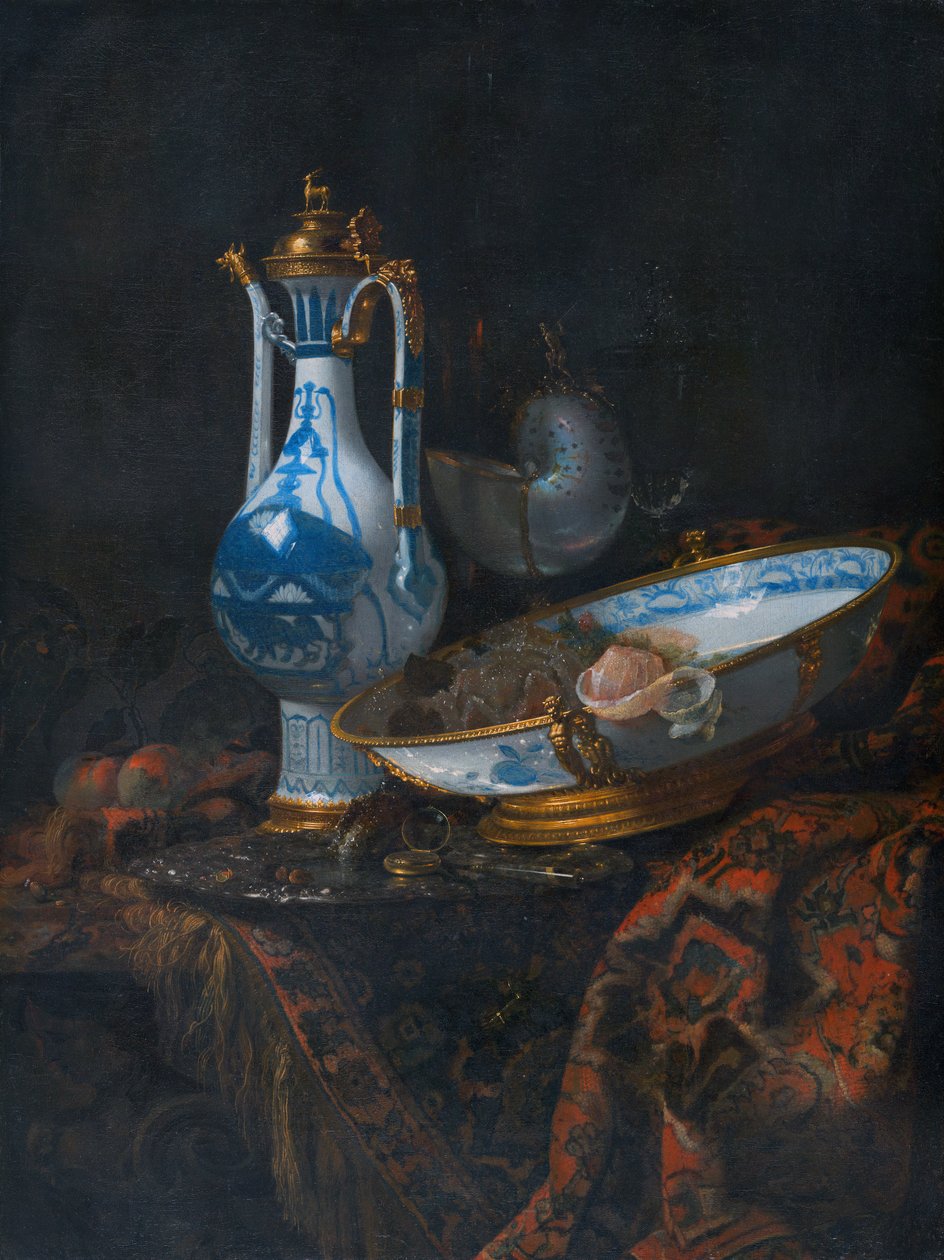 Stilleben med en Aquamanile, frugt og en Nautilus-kop af Willem Kalf