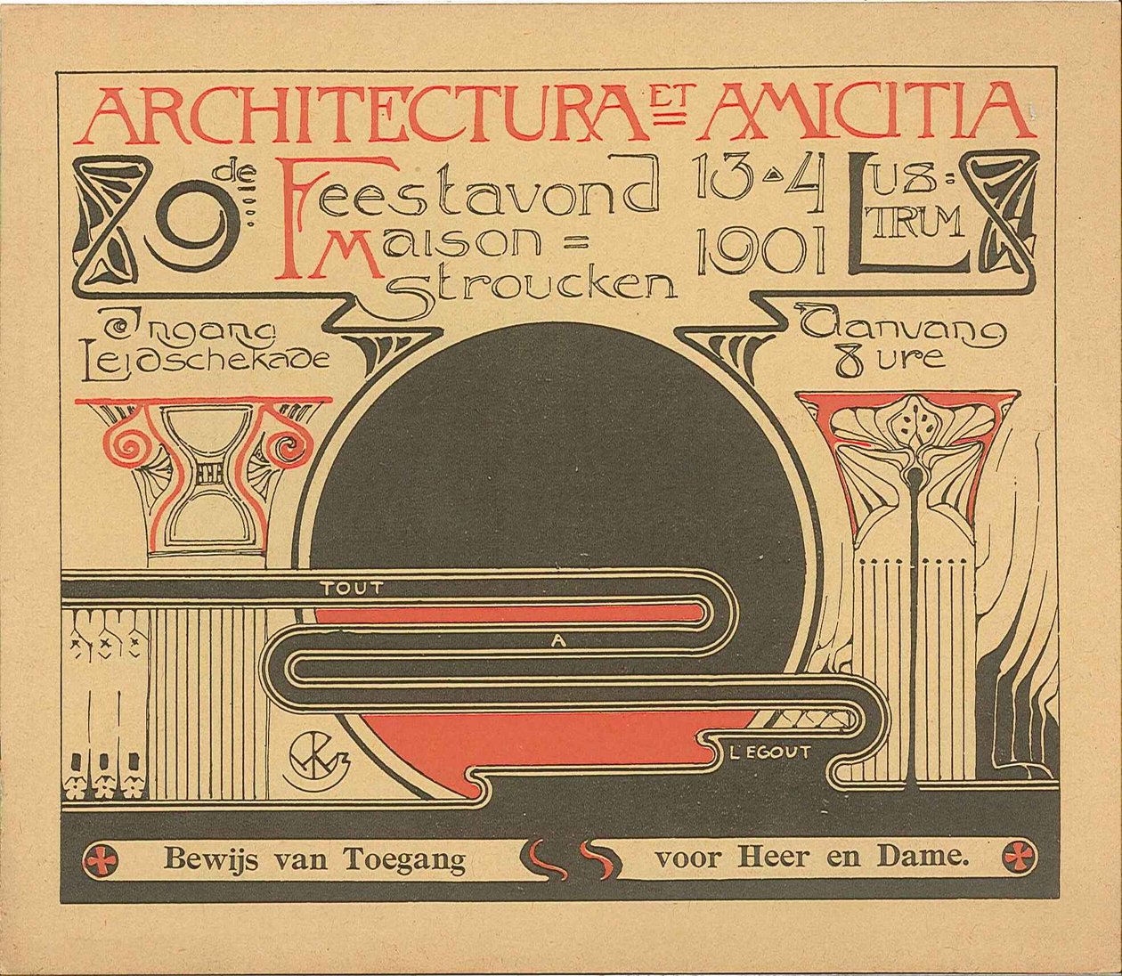 Adgangsbillet til festaftenen den 13. april 1901 i anledning af 9. lyster i Architectura et Amicitia af Willem Kromhout