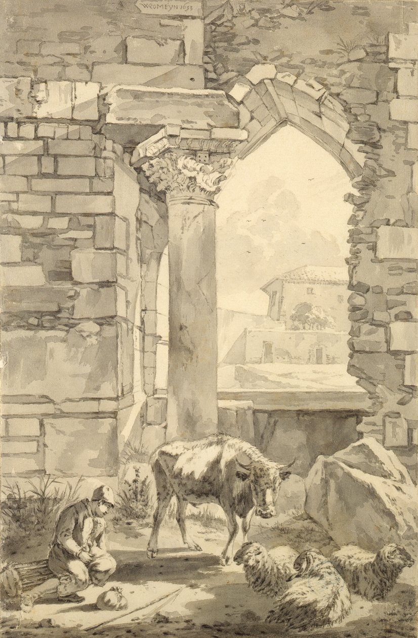 Hyrde med en ko og får i en ruin, 1693 (pen og gråt blæk og blyant på papir) af Willem Romeyn