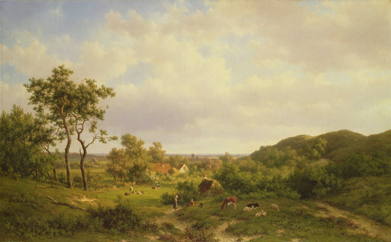 Hollandsk Landskab med køer og figurer, 1800-tallet af Willem Vester