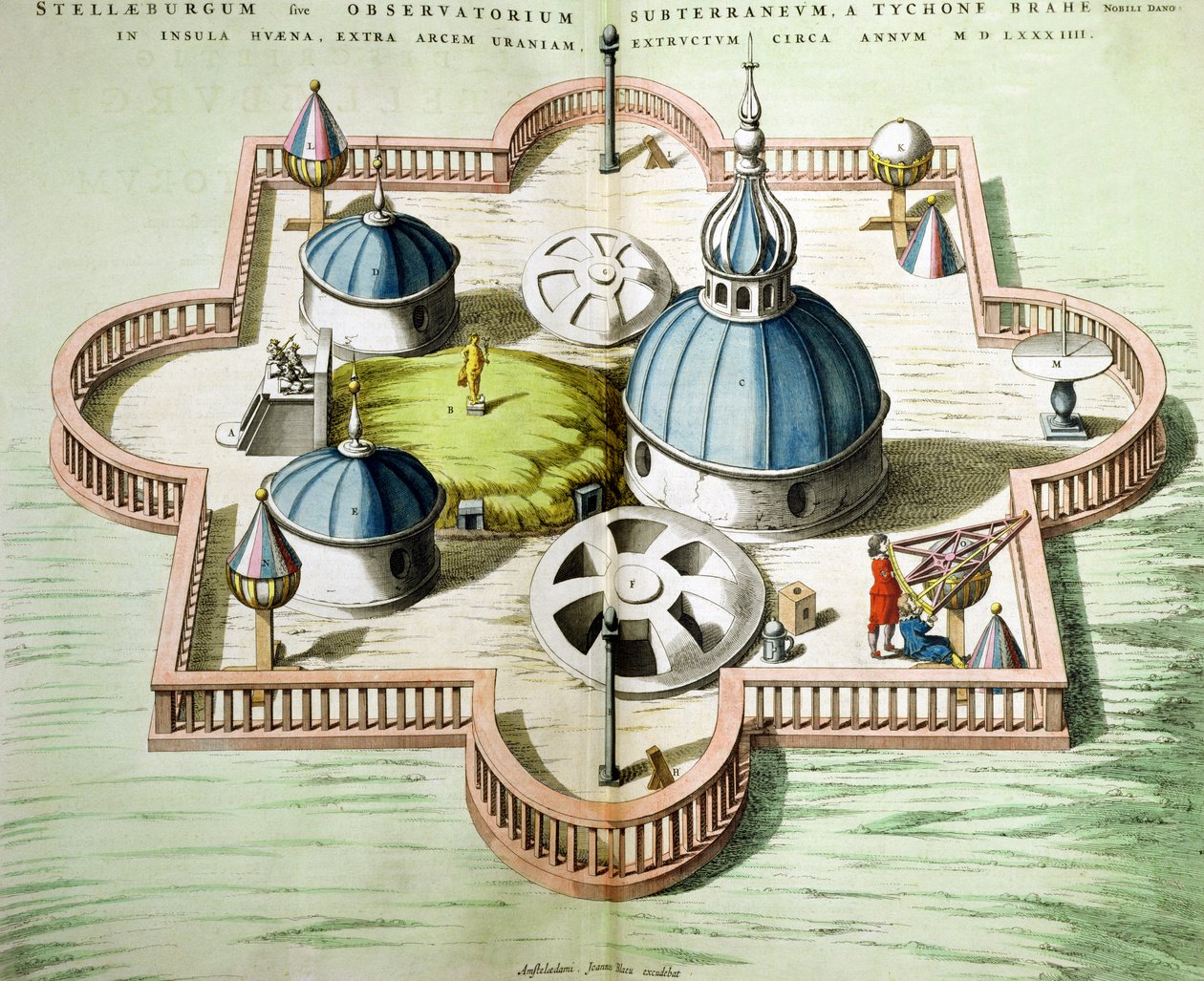 General View of Observatory of Uraniborg, bygget ca. 1584 af Tycho Brahe (1546-1601) på øen Hven, Danmark fra 