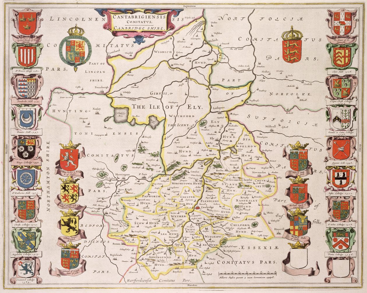 Kort over Cambridgeshire, udgivet Amsterdam c.1647-48 (håndkoloreret gravering) af Joan Blaeu
