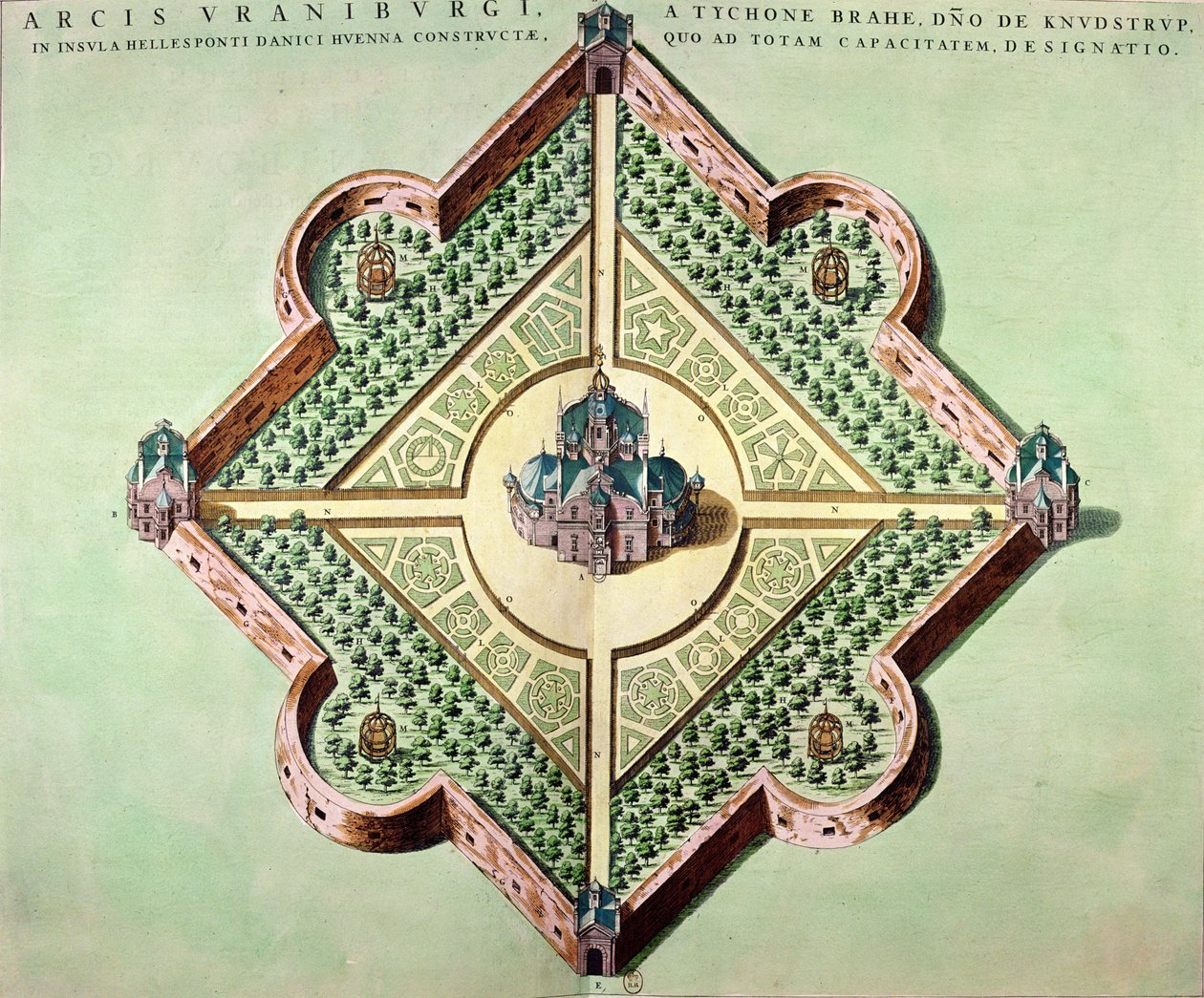 Plan over slottet og observatoriet i Uraniborg, bygget ca. 1584 af Tycho Brahe (1546-1601) på øen Hven, Danmark fra 