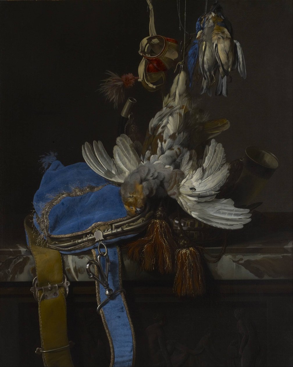 Jagtstilleben med en fløjlspose på en marmorkant af Willem van Aelst