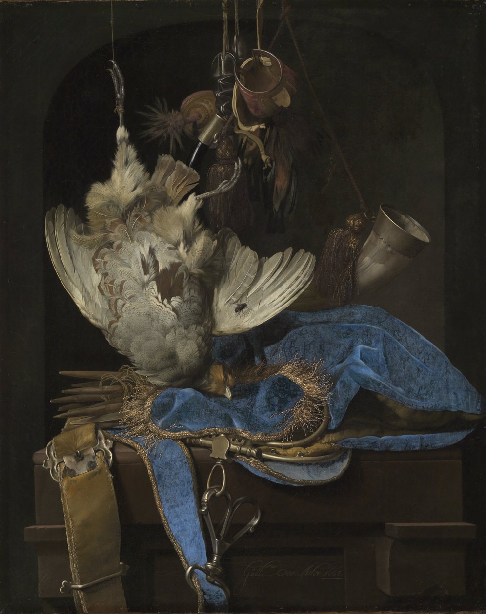 Stilleben med jagtudstyr og døde fugle af Willem van Aelst