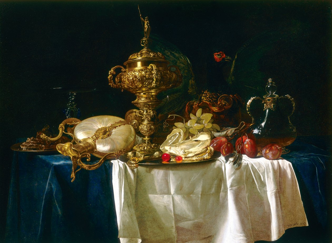 Stilleben af vaser og frugt af Willem van Aelst