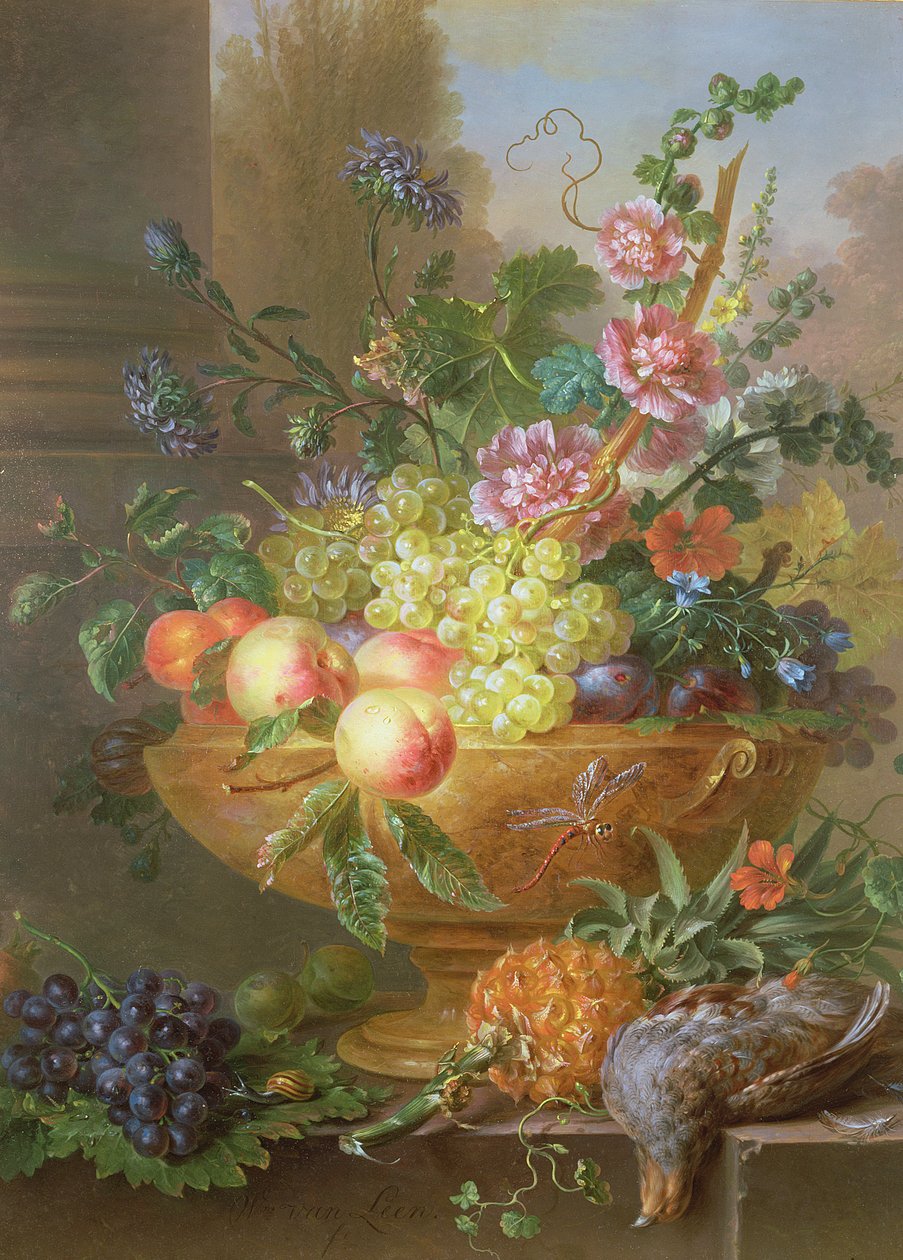 Stilleben af frugter og blomster af Willem van Leen