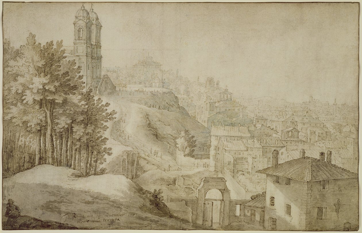 PD.516-1963 Udsigt over Trinita dei Monti, Rom, 1603 (pen og blæk med vask) af Willem van Nieulandt