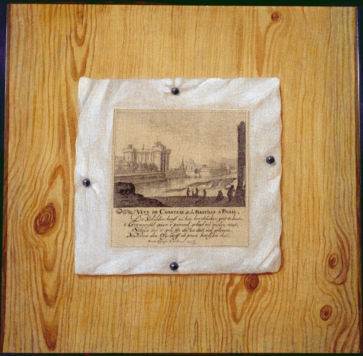 En trompe LOeil af en indgravering af Bastillen, Paris, naglet til en træskillevæg 1679 af Willem van Nijmegen